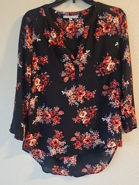 Daniel Rainn Black Floral V-Neck Blouse with Red and Orange Blooms Small